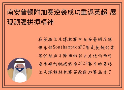 南安普顿附加赛逆袭成功重返英超 展现顽强拼搏精神