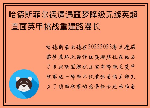 哈德斯菲尔德遭遇噩梦降级无缘英超 直面英甲挑战重建路漫长