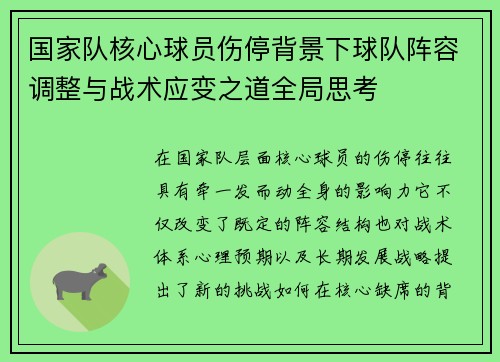 国家队核心球员伤停背景下球队阵容调整与战术应变之道全局思考